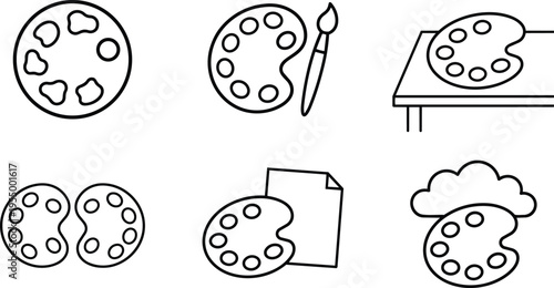 Black and white line art paint palettes with brush and creative elements icons set
