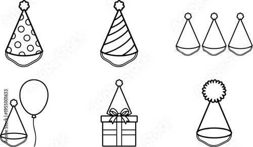 Black and white line art party hats balloon and gift box icons set