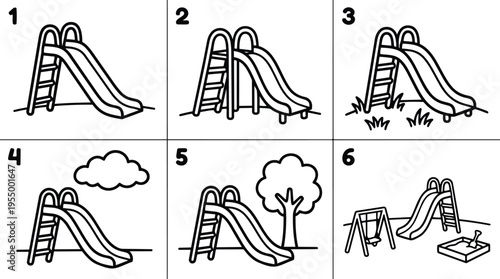 Black and white line art playground slide with ladder and swings set in different outdoor settings