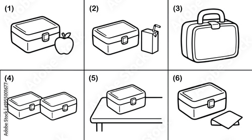 Lunch box with apple juice and briefcase