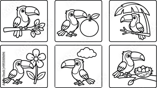 Black and white line art toucan with fruit nest flower cloud tropical elements
