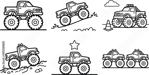 Monster trucks in various offroad positions and obstacles