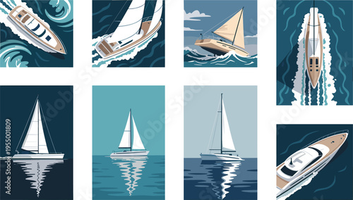 Minimalist yacht and sailboat set with ocean waves nautical marine travel vector illustration modern flat design collection artwork