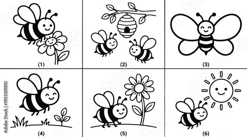 Black and white line art happy bee with flower and hive in simple cartoon style