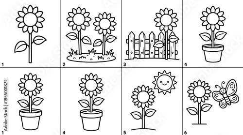 Black and white line art sunflower single and pair with pot fence sun and butterfly vector illustration