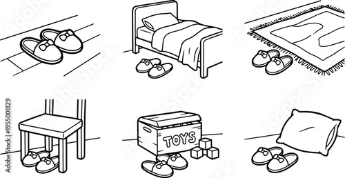 Black and white line art slippers placed near bed chair toy box rug and pillow indoor scenes