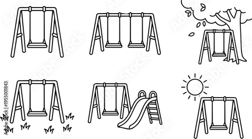 Black and white line art playground swing set with slides trees and sun