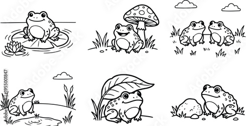 Frogs in nature with lily pad mushroom and leaf scenes