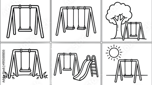 Single and double swing sets with playground slide and tree
