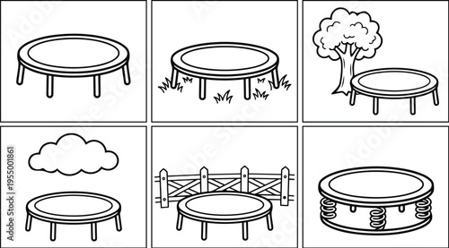 Round trampoline with tree grass cloud and fence elements