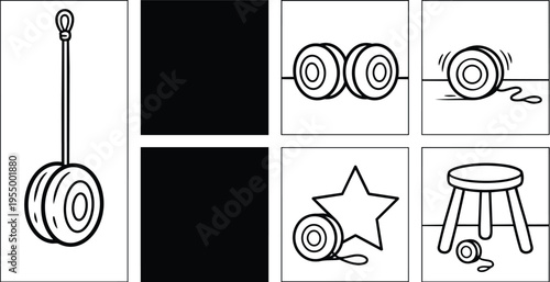 Black and white line art yoyo hanging spinning and next to star and stool illustrations