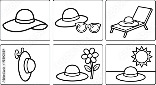 Black and white line art sun hat with sunglasses flower and sun summer icons