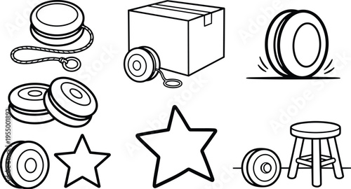 Yo yo toy with star shapes and wooden stool