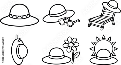 Black and white summer hat sunglasses lounge chair flower sun vector line art