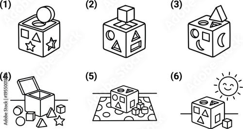 Line art shape sorting toy cubes with geometric blocks and happy sun illustration