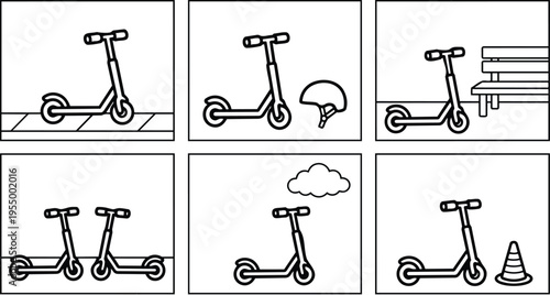 Black and white line art electric scooter with helmet bench cloud and cone