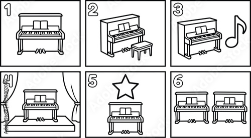 Black and white line art piano with stool and musical note vector set