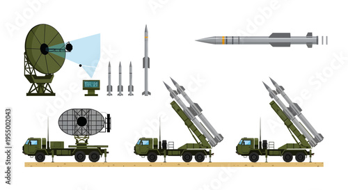 Military Air Defense System Vector Illustration with Radar and Missile Launchers