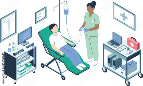 Patient receiving IV infusion treatment with nurse in hospital isometric vector illustration healthcare medical therapy clinic care equipment design