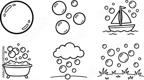 Black and white whimsical bubble icons including soap bubble bathtub cloud and sailboat scene