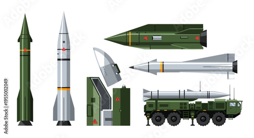 Military Missile Systems and Rocket Launcher Vehicle Vector Illustration Set