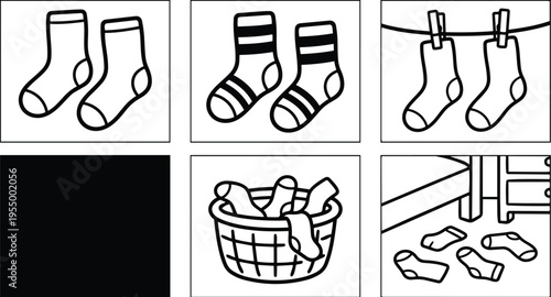 Simple socks and laundry basket in various positions
