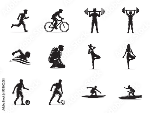 Silhouette icons of people performing various sports