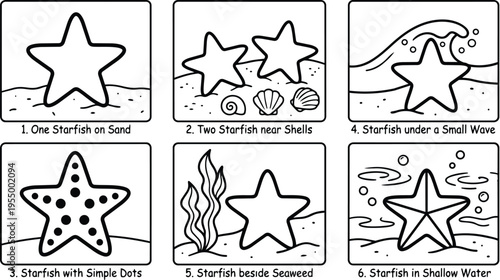 Black and white starfish with simple dots beside seaweed in shallow water line art