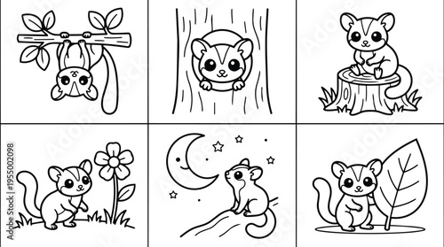 Cute sugar gliders in different poses with moon stars tree and leaf line art
