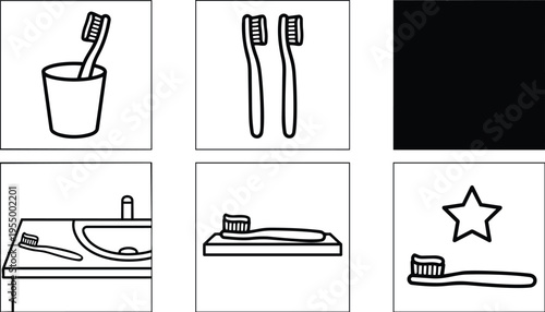 Black and white line art toothbrush with cup and star icon set