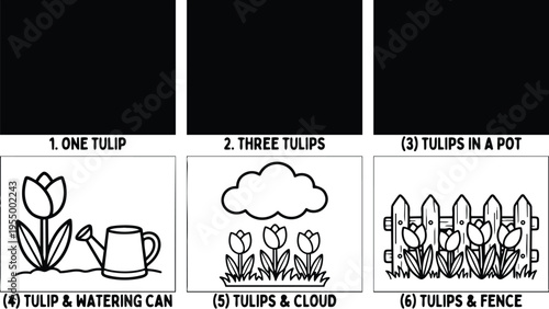 One tulip with watering can and three tulips with cloud and fence