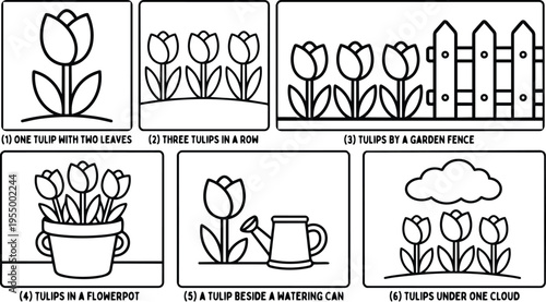 Tulips in various garden settings with watering can and fence