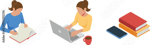 Student studying with notebook and laptop alongside books and smartphone isometric vector illustration education learning technology study concept