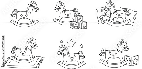 Black and white rocking horse with teddy bear blocks and stars vector art