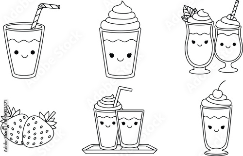 Black and white cute smiling milkshakes and strawberries line art vector illustration