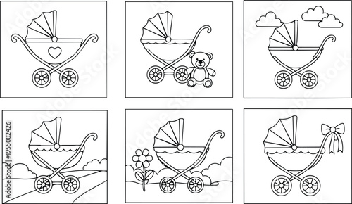 Black and white line art baby carriage with heart teddy bear clouds and bow accents