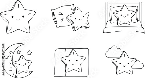 Cute smiling star pillow in various sleeping and resting positions simple line art