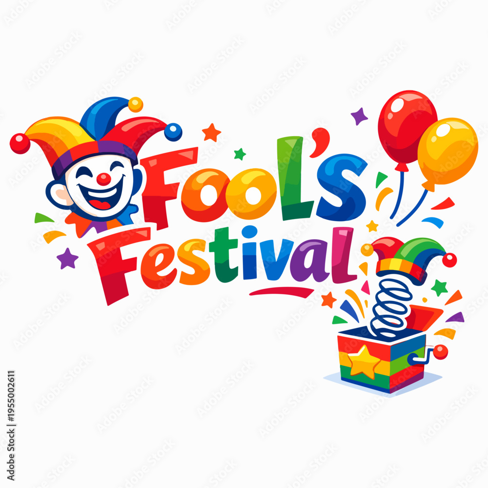 Naklejka premium Colorful April Fools Festival Typography With Clown Character Balloons Confetti And Jackinthebox In Fun Playful Vector Illustration For Party Celebration Design