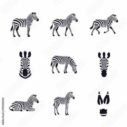 Collection of black and white zebra vector icons showing various poses including standing, running, grazing, and lying down, plus a front head view and hoof print on white background.