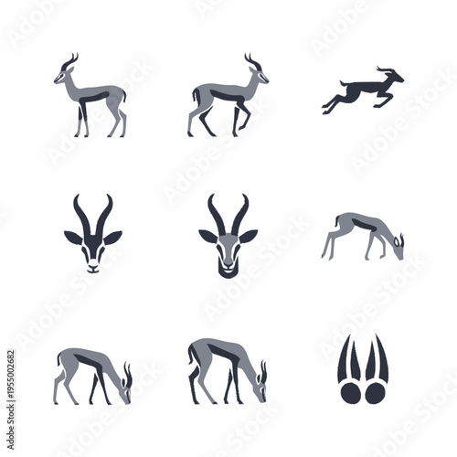 Vector set of gazelle and antelope icons featuring full body profiles in standing, jumping, and grazing poses, front view head portraits, and animal hoof prints on a white background.