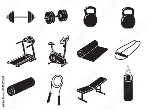 A collection of various gym and fitness equipment icons