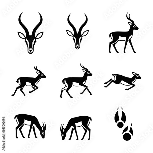 Set of minimalist black and white vector icons featuring gazelle and antelope silhouettes in poses including running, grazing, standing, head portraits, and animal hoof tracks.