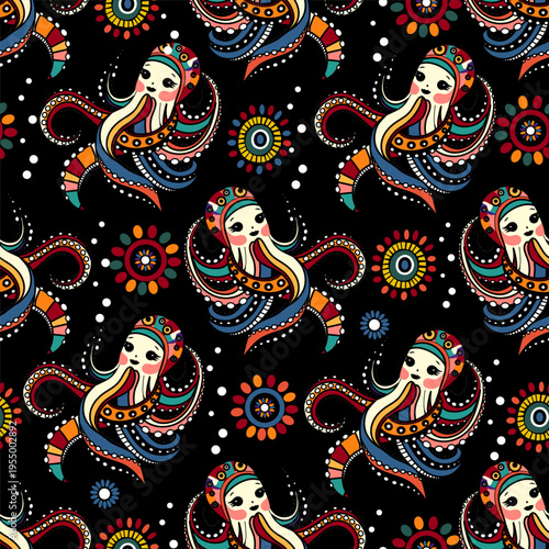 Colorful seamless pattern featuring cute stylized octopuses in a folk art style. Bright decorative elements, dots, and floral motifs on a black background create a playful and vibrant design perfect