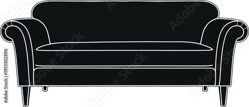 A black and white illustration of a classic armchair