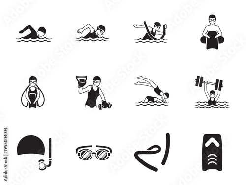 A set of black and white icons depicting various swimming strokes and equipment