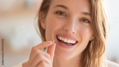 Happy woman holding small pill, healthcare and beauty supplement concept, bright natural portrait.