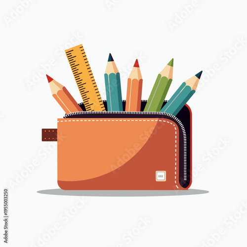 pencil case with colorful pencils and ruler on white background. school stationery set in leather pouch vector illustration. flat design education concept with clean lines