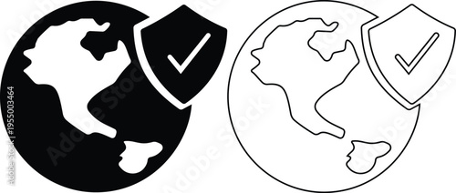 World globe icon set with global network, internet connection, earth security shield and worldwide communication symbols, global business and technology icons in solid and outline style vector