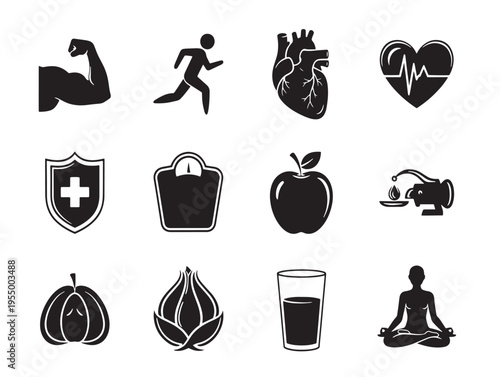 A set of icons representing various aspects of health and wellness