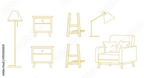 Home Furniture Line Icons Vector Set – Stand Bedside Table Chair Lamp Orthographic Yellow Outline Technical Drawings